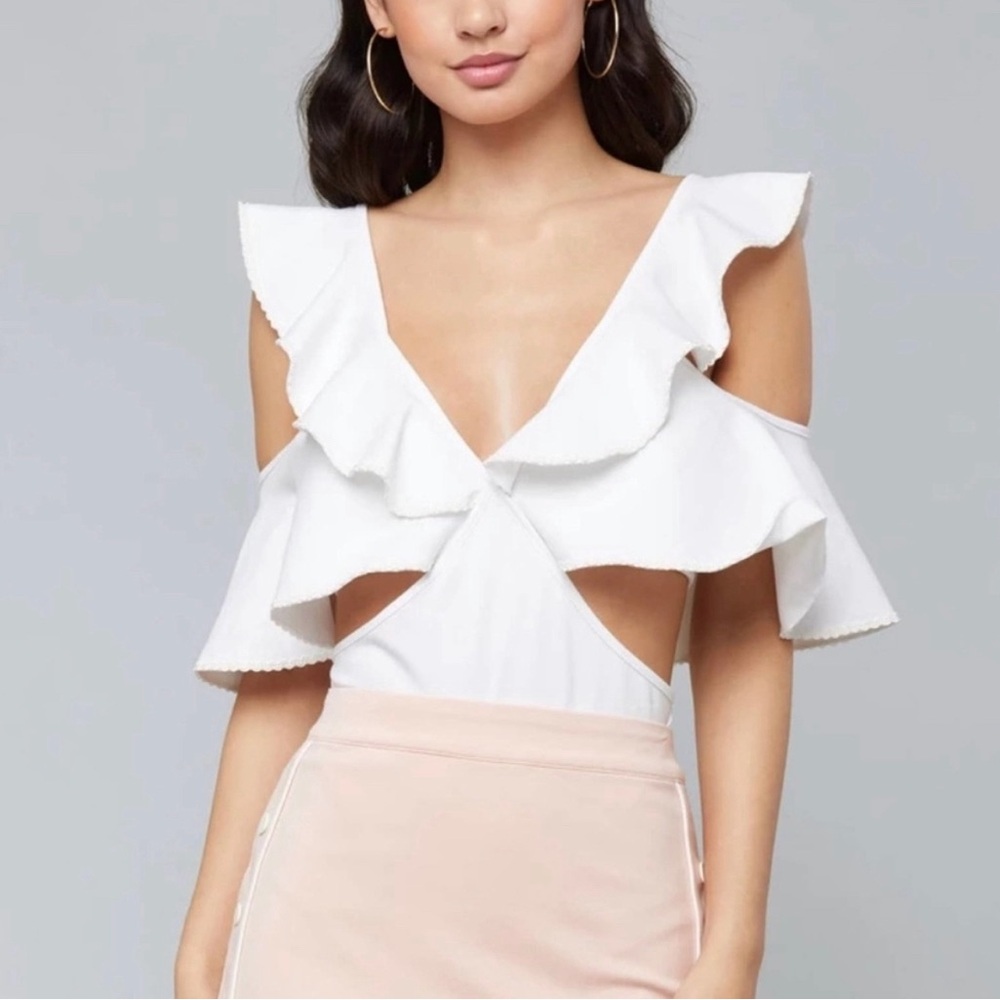 Bebe White Ruffle Cutout Bodysuit